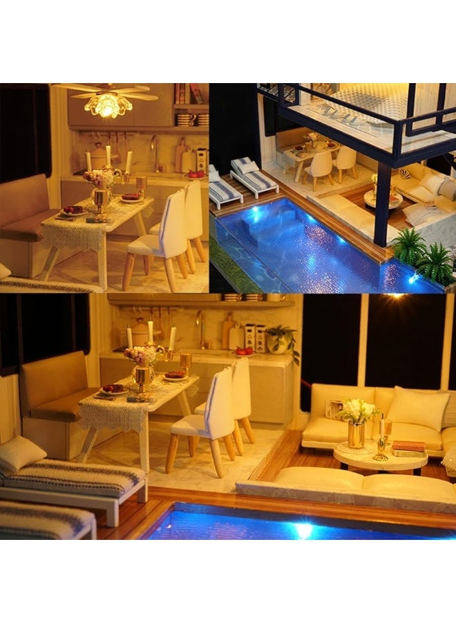 DIY Miniature Dollhouse Kit,UniHobby Time Apartment DIY Dollhouse Kit with Wooden Furniture Light Gift House Toy for Adults