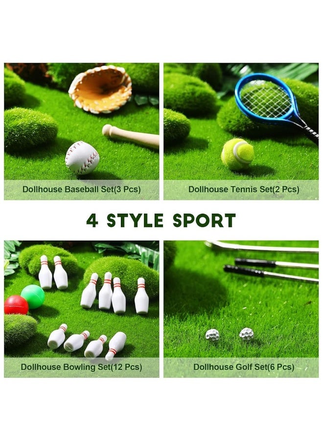 23 Pieces Dollhouse Miniature Sports Set Mini Golf Baseball Tennis Racket Tiny Golf Ball Clubs Ball Bats Mini House Decoration Accessories for Dollhouse Collection Cake Topper Decor