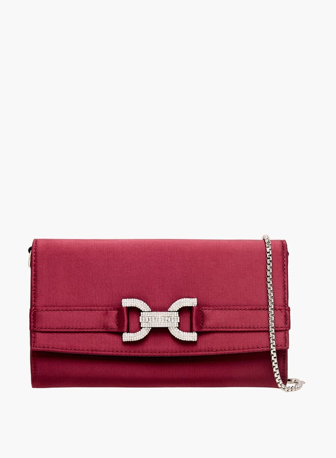 Women Embellished Clutch with Flap Closure and Chain Strap