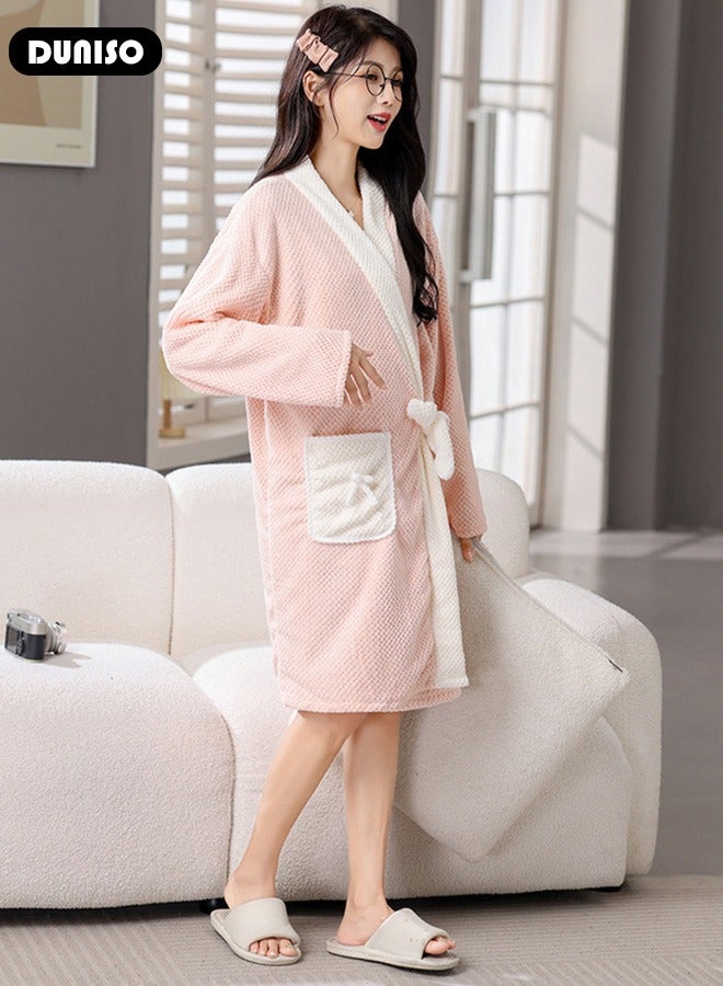 Women's Bath Robe, Wearable Bath Towel with Side Pocket Wrap Shower Wrap Towel Dress Long Sleeve Bathrobe Waffle Spa Towel Robes with Adjustable Closure Quick Dry Lightweight Cover Up