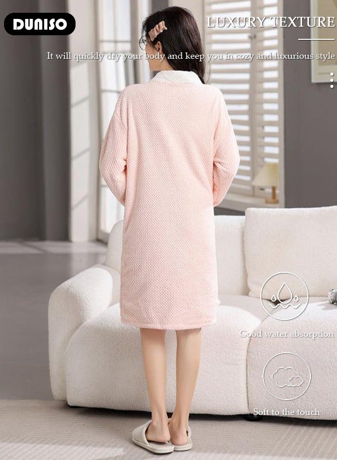 Women's Bath Robe, Wearable Bath Towel with Side Pocket Wrap Shower Wrap Towel Dress Long Sleeve Bathrobe Waffle Spa Towel Robes with Adjustable Closure Quick Dry Lightweight Cover Up