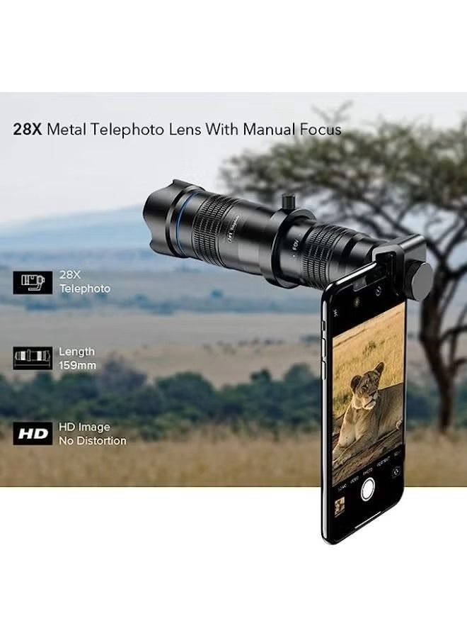 APEXEL APL-JS28X HD 28X Metal Single-tube Phone Telephoto Lens with Manual Focus for Most Smartphones for Traveling Sport Events Concert Bird Watching Photography