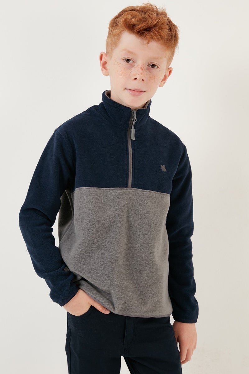 Soft Textured Half Zipper Color Block Stand Collar Fleece Unisex Children's Fleece 5905004