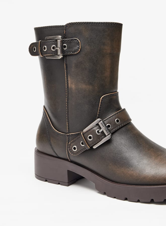 Womens Buckled Strap Accent Boots with Zip Closure and Block Heels