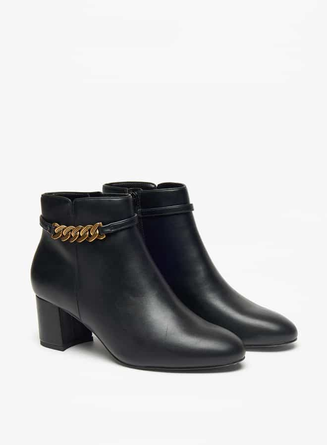 Women's Solid Ankle Boots with Zip Closure and Block Heels