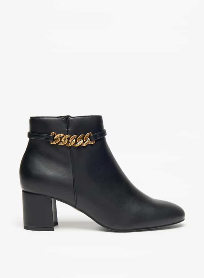 Women's Solid Ankle Boots with Zip Closure and Block Heels