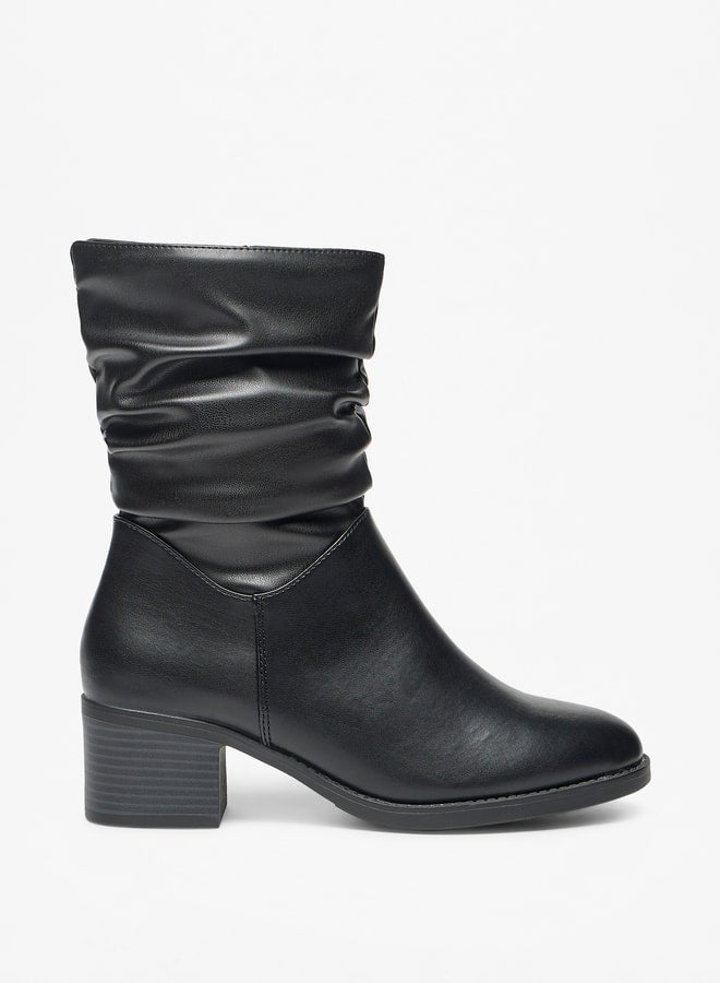 Women's Ruched High Shaft Boots with Zip Closure and Block Heels