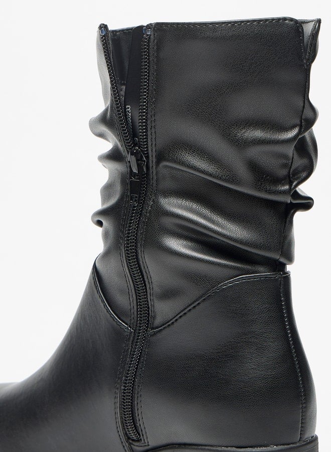 Women's Ruched High Shaft Boots with Zip Closure and Block Heels