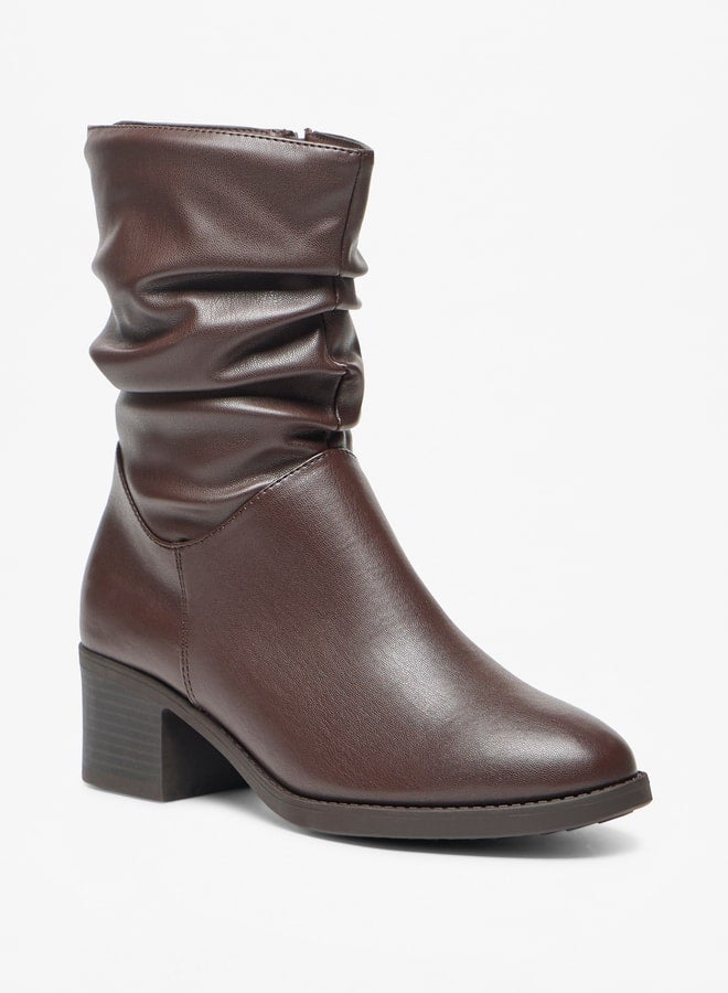 Women's Ruched High Shaft Boots with Zip Closure and Block Heels