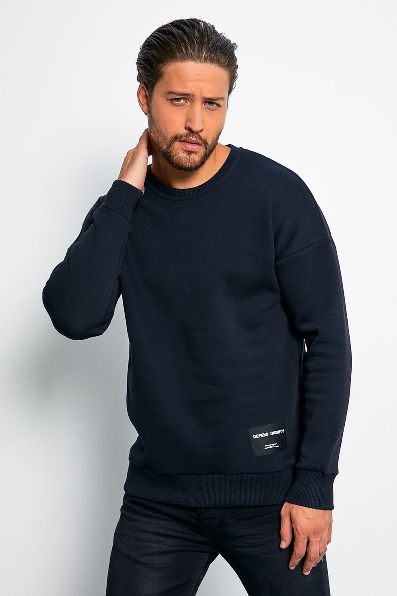 Defend Men's Navy Blue Oversize Daily Crew Neck Woolen Casual Sports Sweatshirt