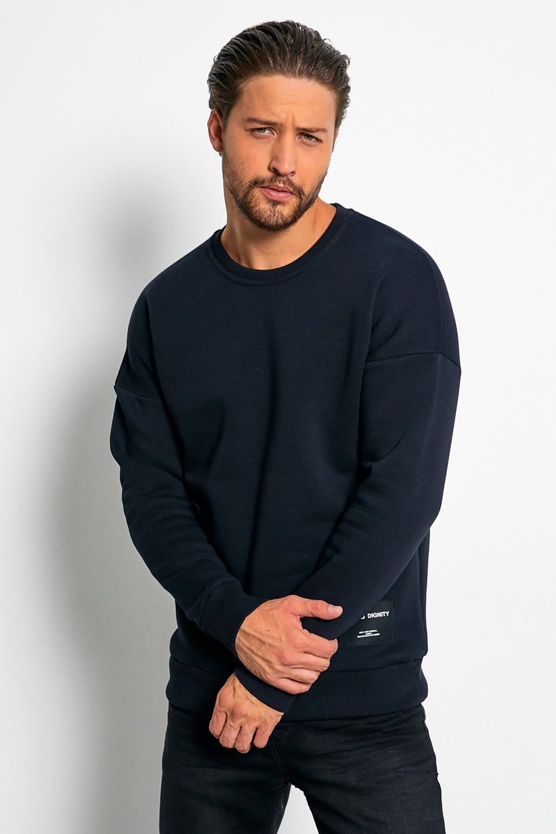 Defend Men's Navy Blue Oversize Daily Crew Neck Woolen Casual Sports Sweatshirt