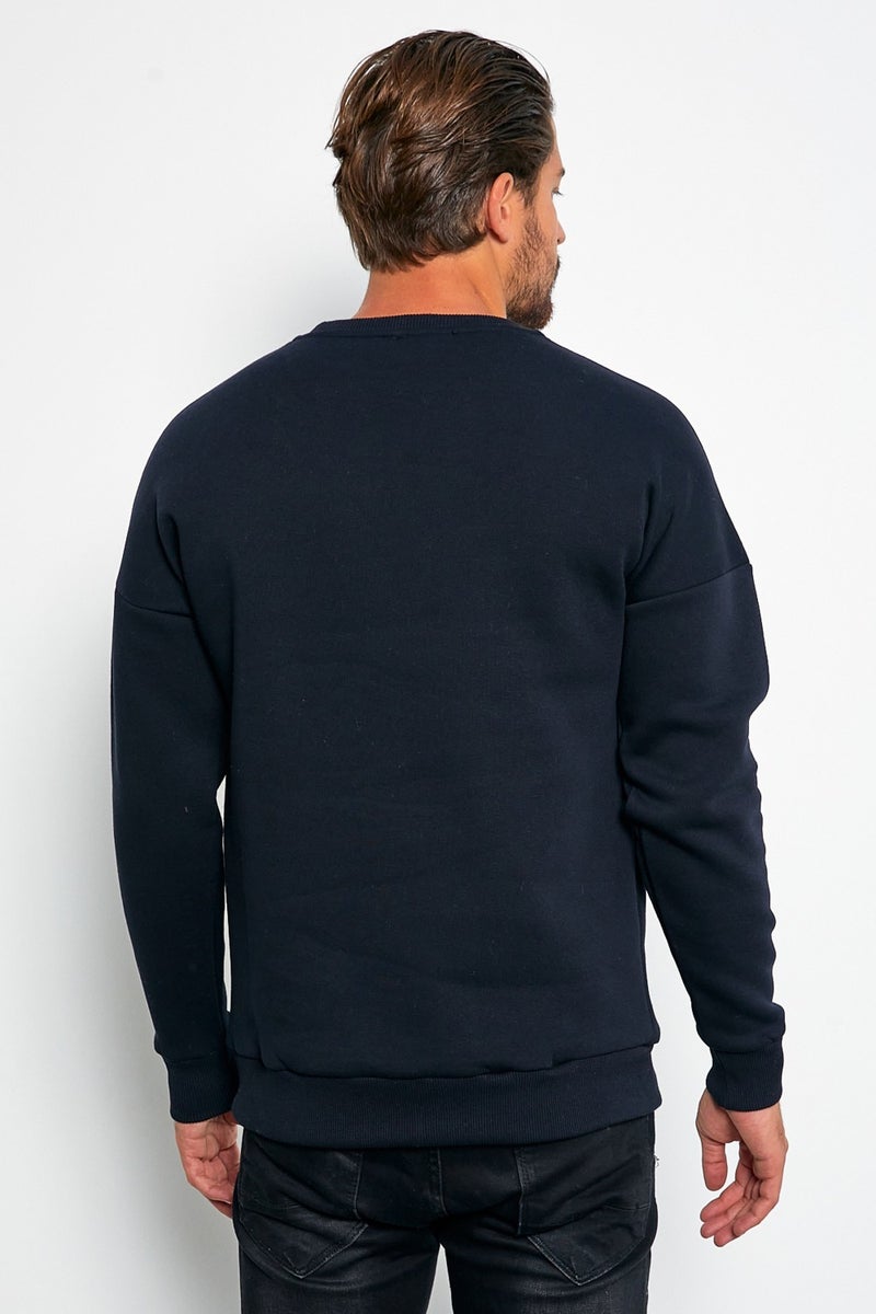 Defend Men's Navy Blue Oversize Daily Crew Neck Woolen Casual Sports Sweatshirt