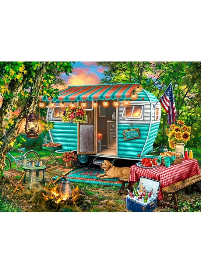 Springbok Home Sweet Home 500 Piece Jigsaw Puzzle - This Colorful Illustration of a Vintage Camper is Ideal for Camping Enthusiasts