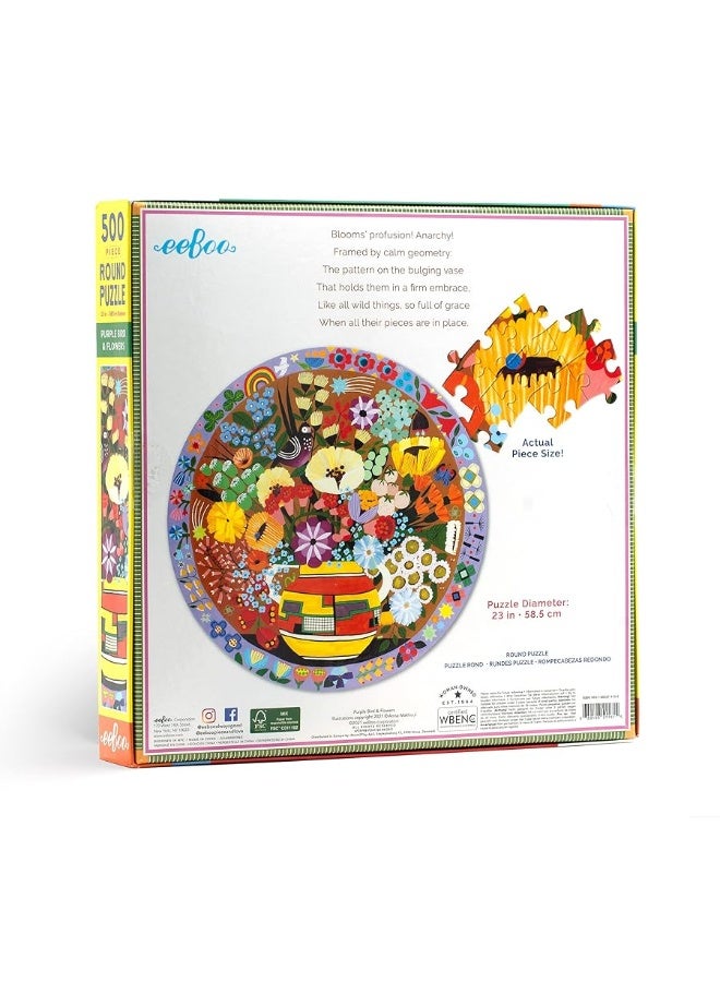 eeBoo Piece and Love Purple Bird and Flowers 500 Piece Round Jigsaw Puzzle Sturdy Puzzle Pieces A Cooperative Activity with Friends and Family