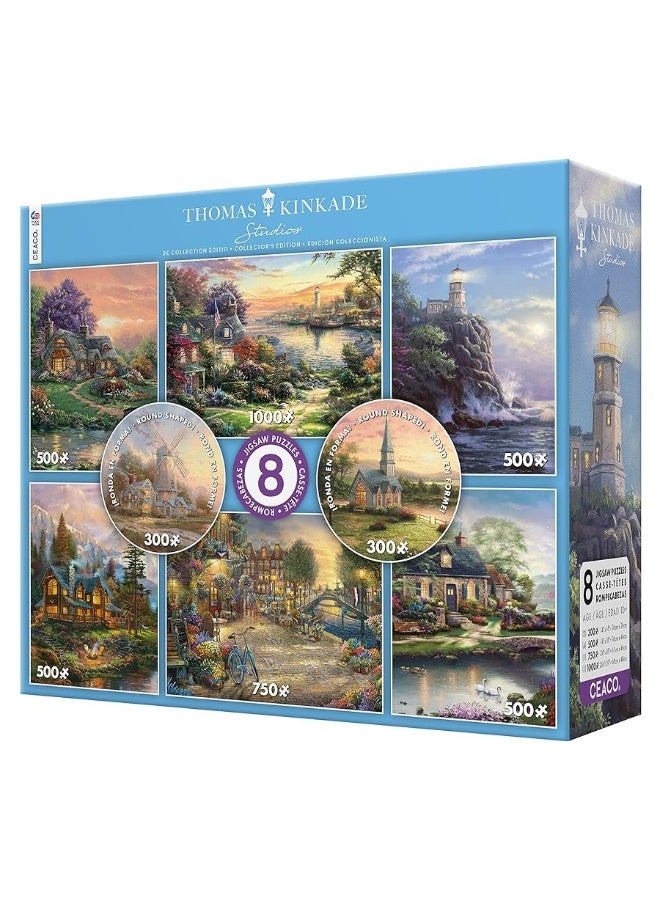 Ceaco - 8 in 1 Multipack - Thomas Kinkade - (2) Round 300 Piece, (4) 550 Piece, (1) 750 Piece (1) 1000 Piece Jigsaw Puzzles