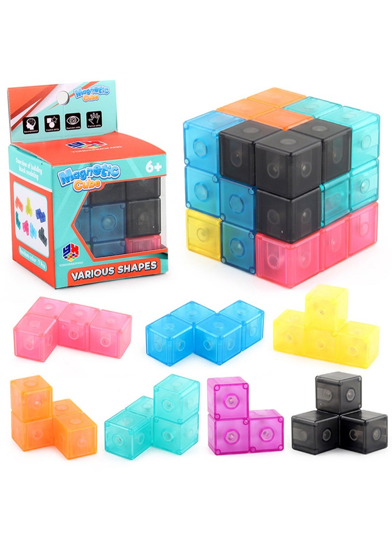 Educational toys 6cm magnetic building block Rubik's cube Russian cube Luban Rubik's cube three-order DIY Rubik's cube wooden block color random (B168-700 transparent magnetic building block Rubik's cube)