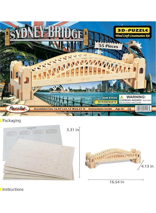 Puzzled 3D Puzzle Sydney Bridge Wood Craft Construction Model Kit, Fun and Educational DIY Wooden Toy Assemble Model Unfinished Crafting Hobby Puzzle to Build and Paint for Decoration 55 Pieces Pack