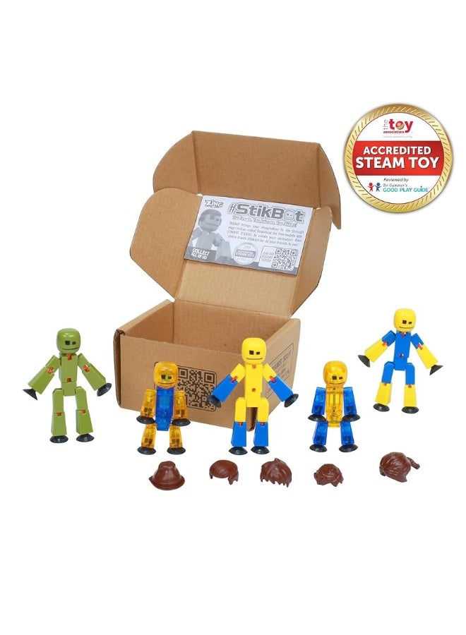 Zing StikBot Special Family Pack Set of 5 Mixed Color StikBots Collectable Action Figures includes 5 StikBots and 1 Set of Hair Create Stop Motion Animation for Kids Ages 4 and Up