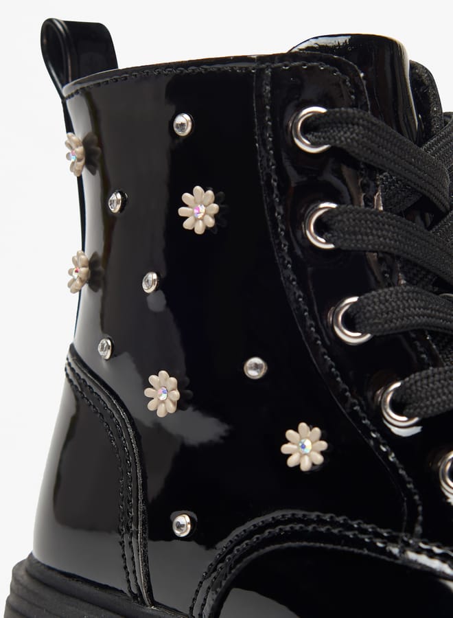 Girls Floral Embellished Boots with Lace-Up Closure