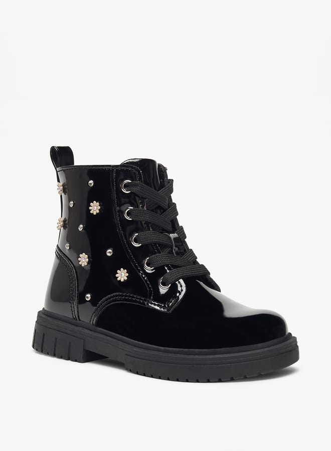 Girls Floral Embellished Boots with Lace-Up Closure