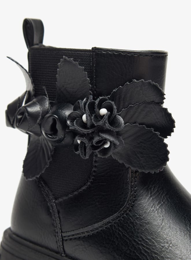 Girls Flower Applique Ankle Boots with Zip Closure and Pull Tab