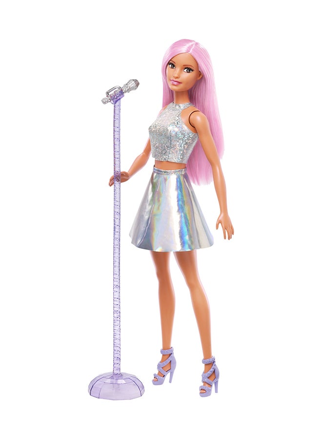 Pop Star Doll Dressed In Iridescent Skirt with Microphone and Pink Hair, Gift for 3 to 7 Year Olds