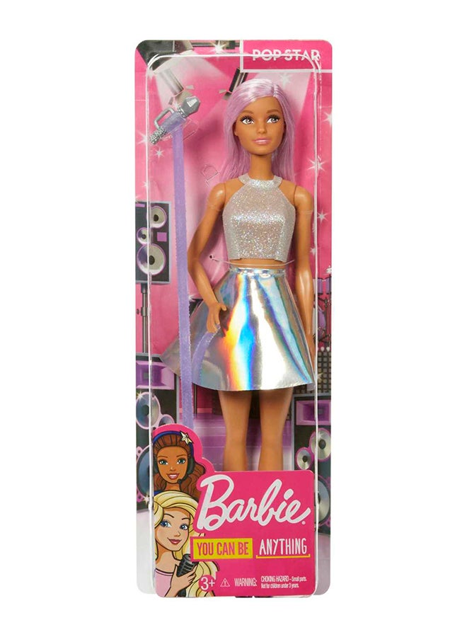 Pop Star Doll Dressed In Iridescent Skirt with Microphone and Pink Hair, Gift for 3 to 7 Year Olds