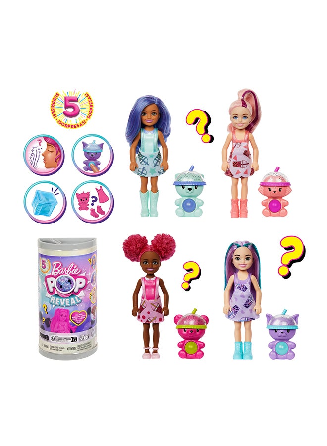 Chelsea Pop Reveal Bubble Tea Series Doll with Tea Can-Inspired Package & 5 Surprises Including Scented Small Doll & Pop-It Pet (Styles May Vary)