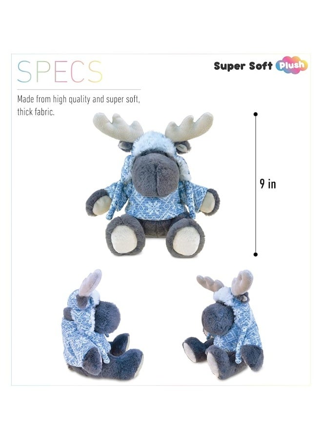 DolliBu Plush Moose Stuffed Animal - Soft Plush Huggable Gray Moose with Sweater & Hat, Adorable Plush Toy, Cute Wild Life Cuddle Gift for Kids and Adults - 9 Inches