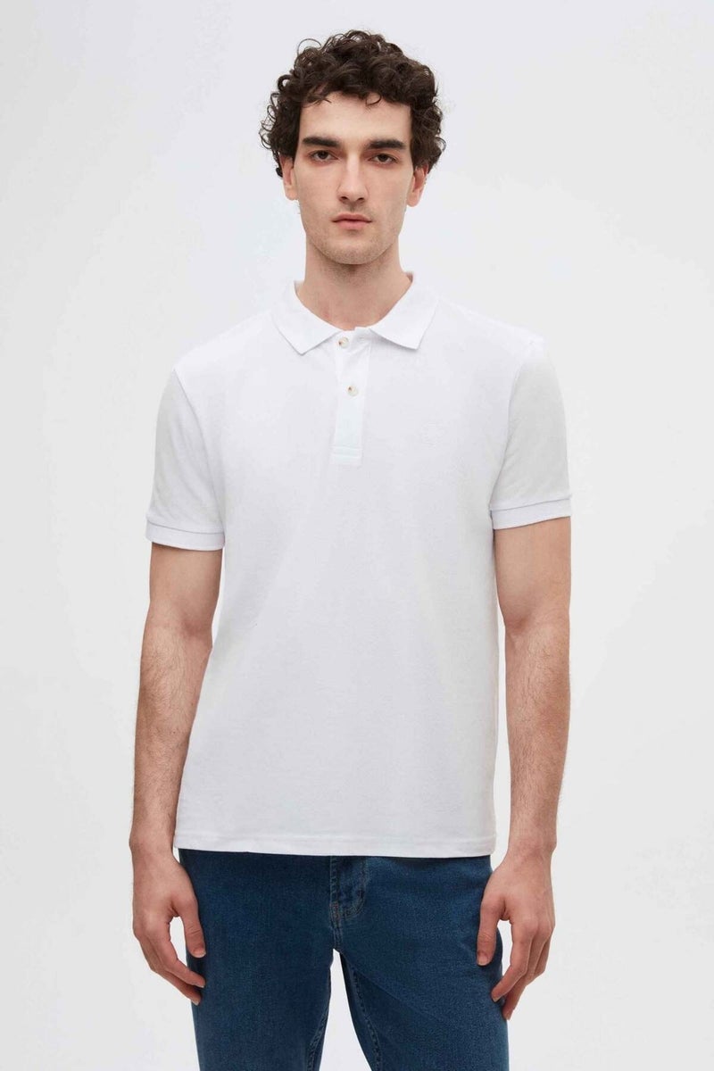 Regular Fit White Pique Textured 100% Cotton Non-Curl Polo Collar Embroidered T-Shirt 4HC14ORT51000