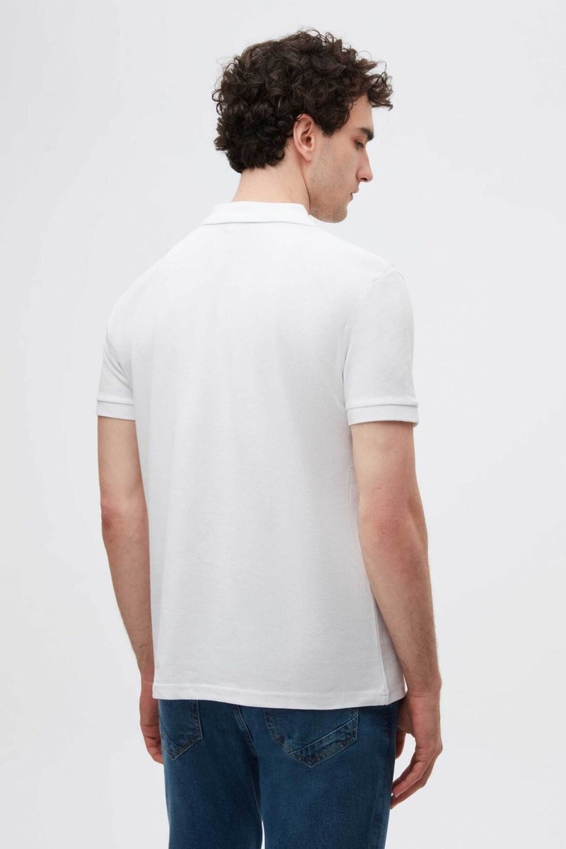 Regular Fit White Pique Textured 100% Cotton Non-Curl Polo Collar Embroidered T-Shirt 4HC14ORT51000