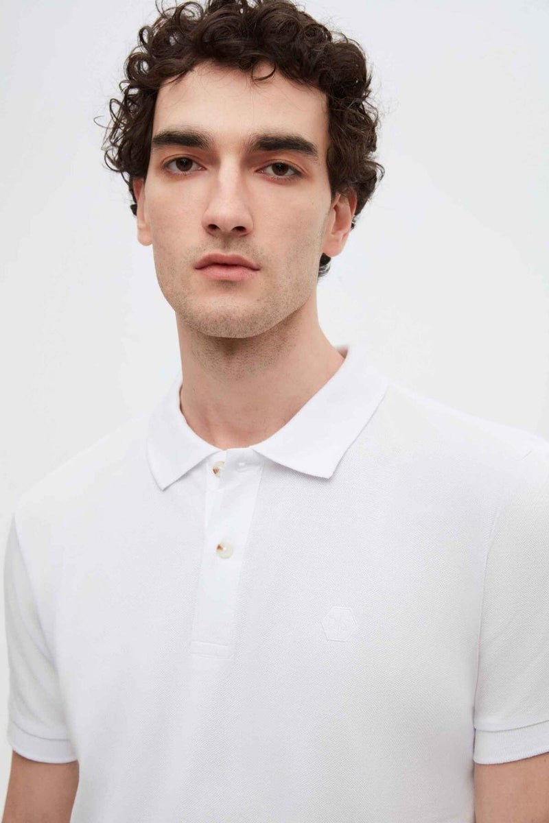 Regular Fit White Pique Textured 100% Cotton Non-Curl Polo Collar Embroidered T-Shirt 4HC14ORT51000