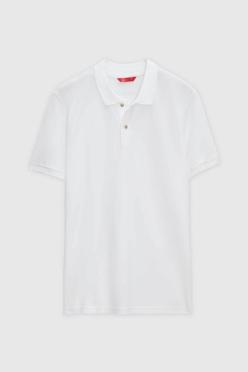 Regular Fit White Pique Textured 100% Cotton Non-Curl Polo Collar Embroidered T-Shirt 4HC14ORT51000