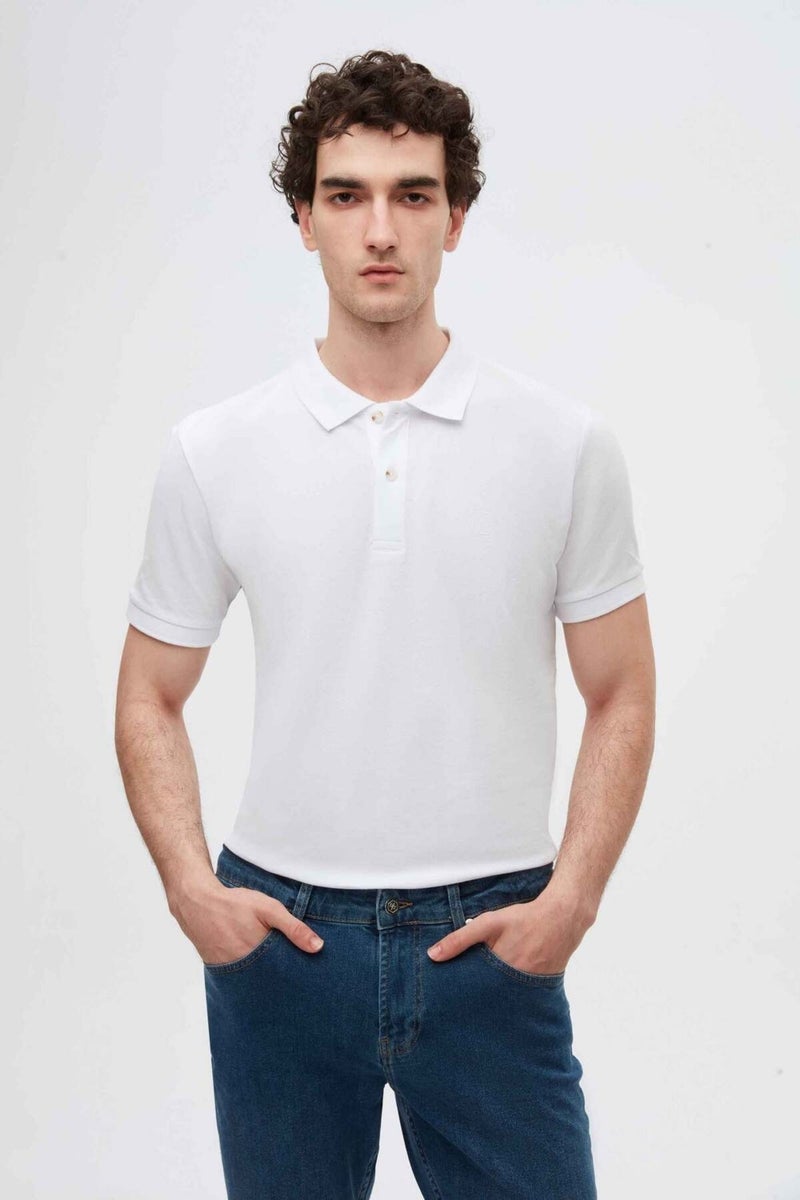 Regular Fit White Pique Textured 100% Cotton Non-Curl Polo Collar Embroidered T-Shirt 4HC14ORT51000