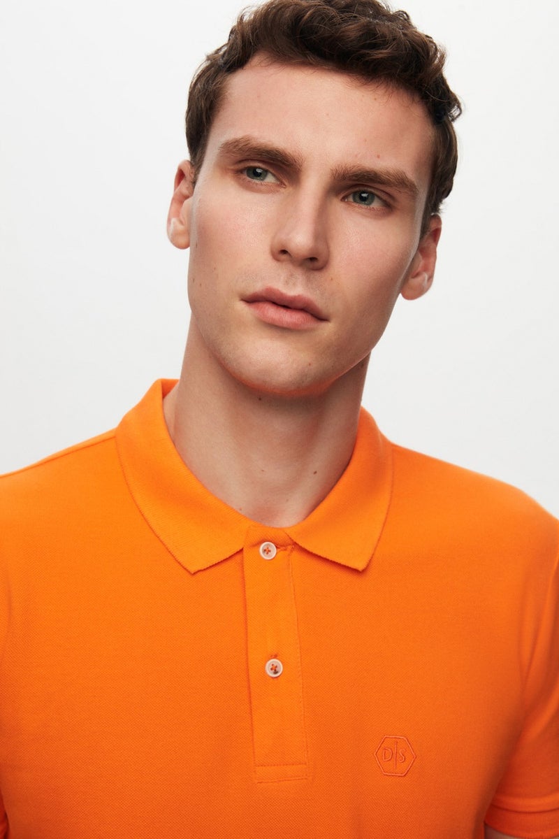 Regular Fit Orange Pique Textured 100% Cotton Non-Curl Polo Collar Embroidered T-Shirt 6HC14ORT51000