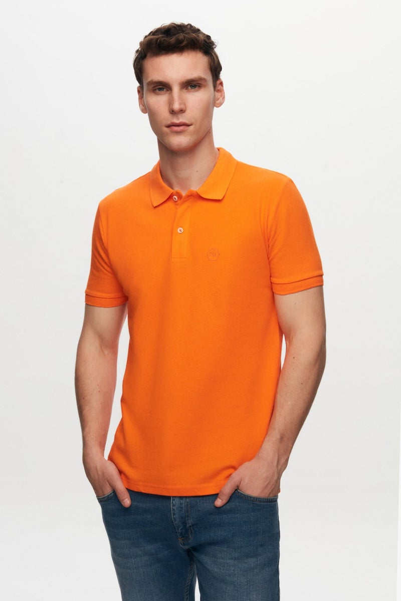 Regular Fit Orange Pique Textured 100% Cotton Non-Curl Polo Collar Embroidered T-Shirt 6HC14ORT51000