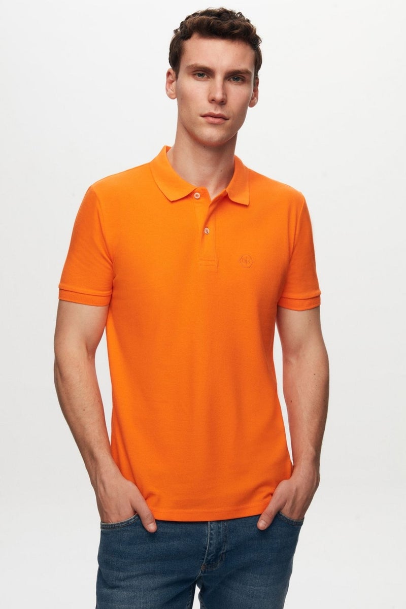 Regular Fit Orange Pique Textured 100% Cotton Non-Curl Polo Collar Embroidered T-Shirt 6HC14ORT51000