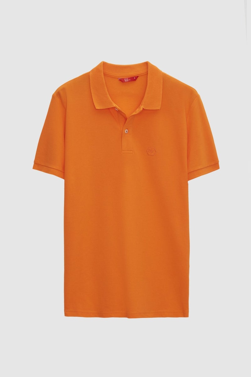 Regular Fit Orange Pique Textured 100% Cotton Non-Curl Polo Collar Embroidered T-Shirt 6HC14ORT51000