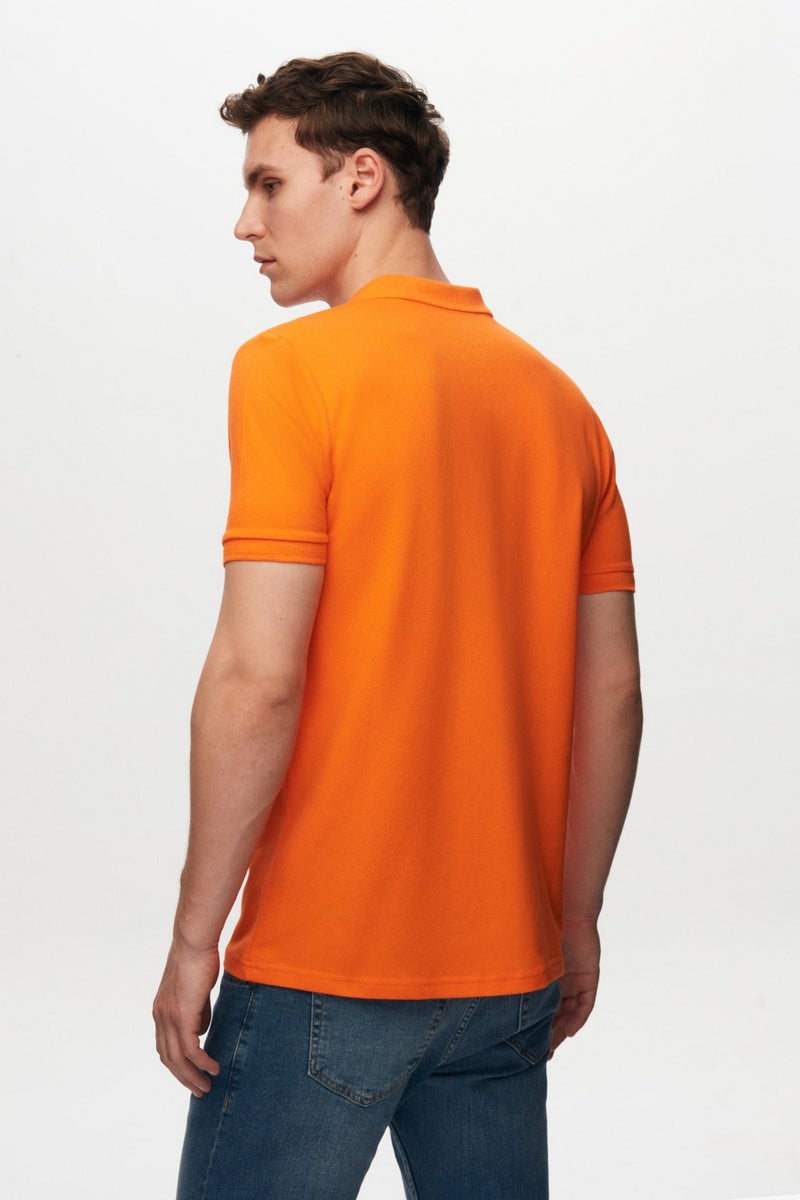 Regular Fit Orange Pique Textured 100% Cotton Non-Curl Polo Collar Embroidered T-Shirt 6HC14ORT51000