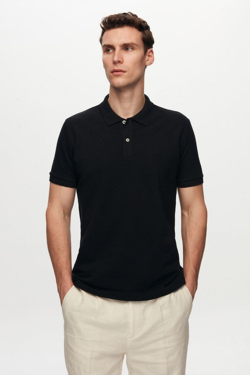 Regular Fit Black Pique Textured 100% Cotton Non-Curl Polo Collar Embroidered T-Shirt 6HC14ORT51000