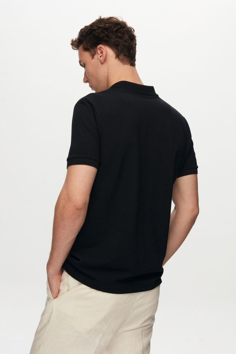 Regular Fit Black Pique Textured 100% Cotton Non-Curl Polo Collar Embroidered T-Shirt 6HC14ORT51000