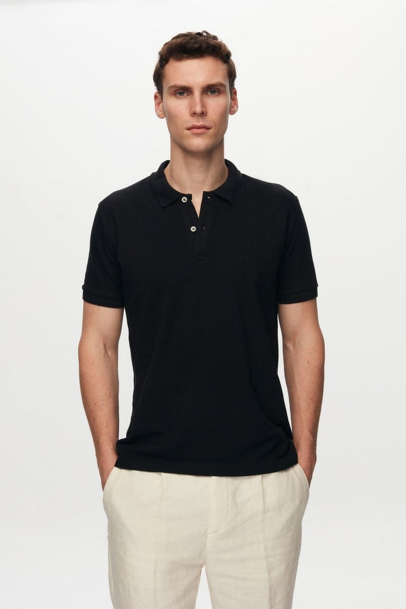 Regular Fit Black Pique Textured 100% Cotton Non-Curl Polo Collar Embroidered T-Shirt 6HC14ORT51000