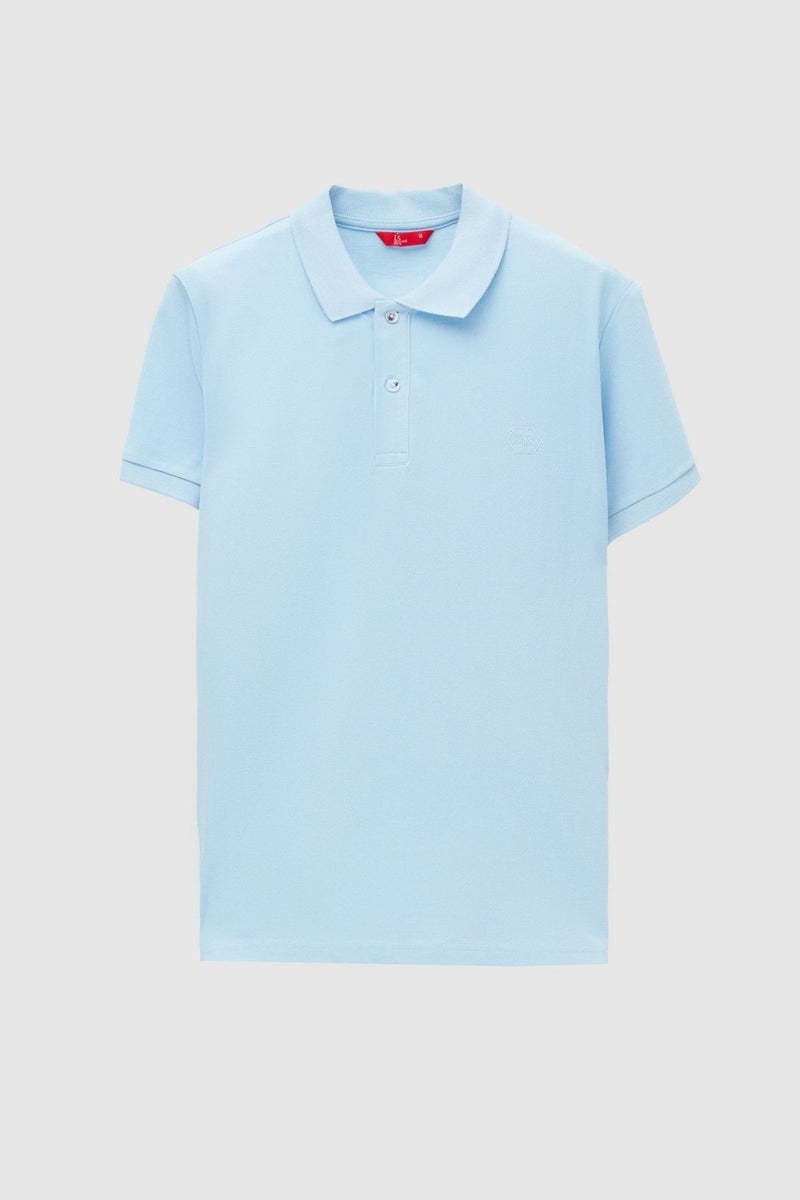 Regular Fit Light Blue Pique Textured 100% Cotton Non-Curl Polo Collar Embroidered T-Shirt 4HC14ORT51000