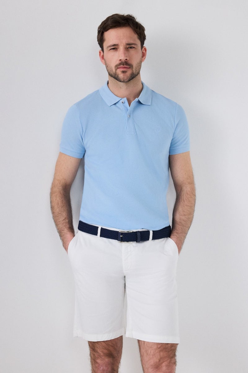 Regular Fit Light Blue Pique Textured 100% Cotton Non-Curl Polo Collar Embroidered T-Shirt 4HC14ORT51000