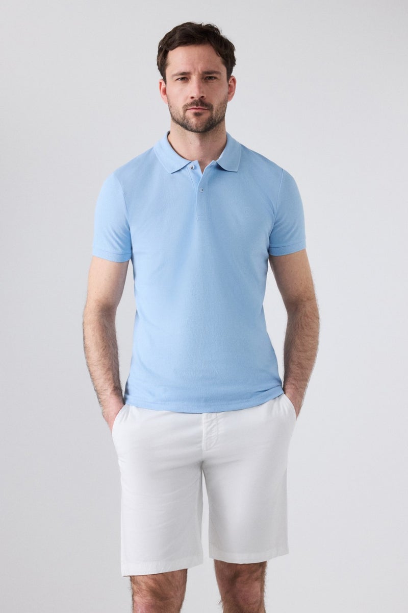 Regular Fit Light Blue Pique Textured 100% Cotton Non-Curl Polo Collar Embroidered T-Shirt 4HC14ORT51000