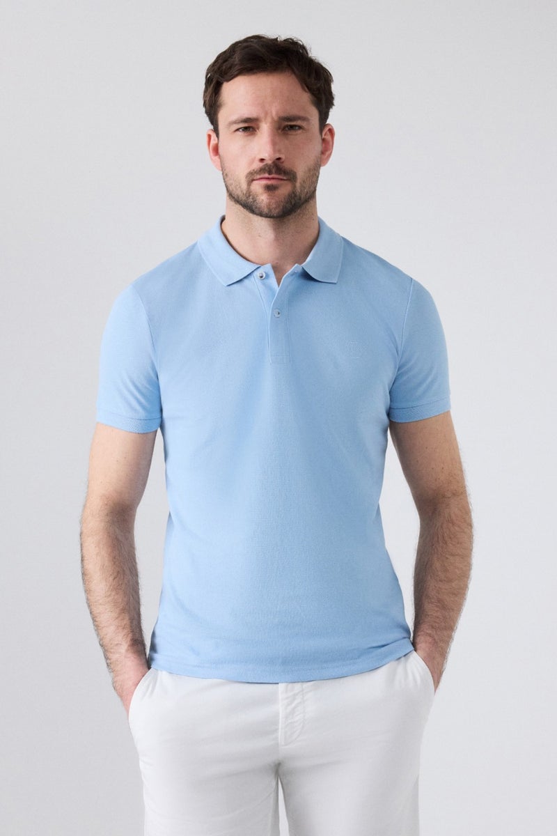 Regular Fit Light Blue Pique Textured 100% Cotton Non-Curl Polo Collar Embroidered T-Shirt 4HC14ORT51000