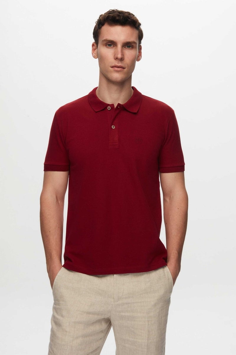 Regular Fit Claret Red/Mink/White Pique Textured 100% Cotton Polo Neck T-Shirt 6HC14ORTBN510