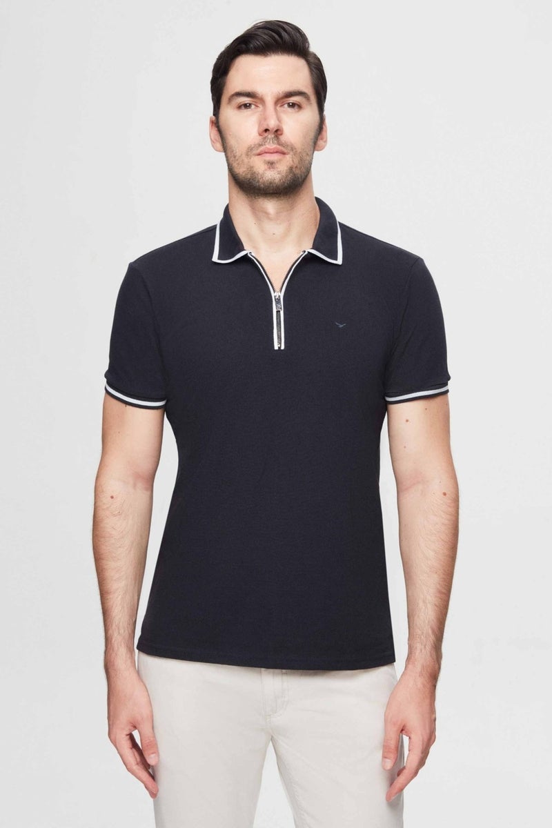 Regular Fit Navy Blue Pique Textured T-Shirt