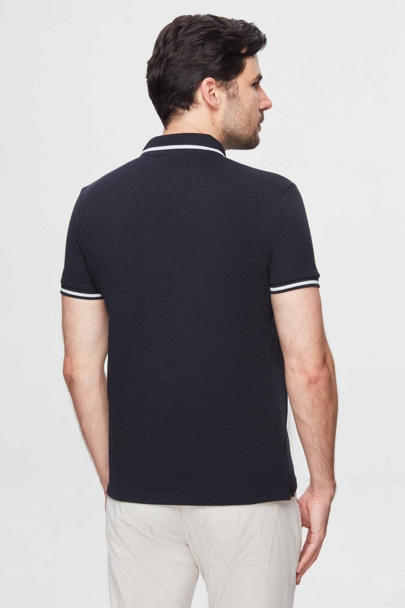 Regular Fit Navy Blue Pique Textured T-Shirt