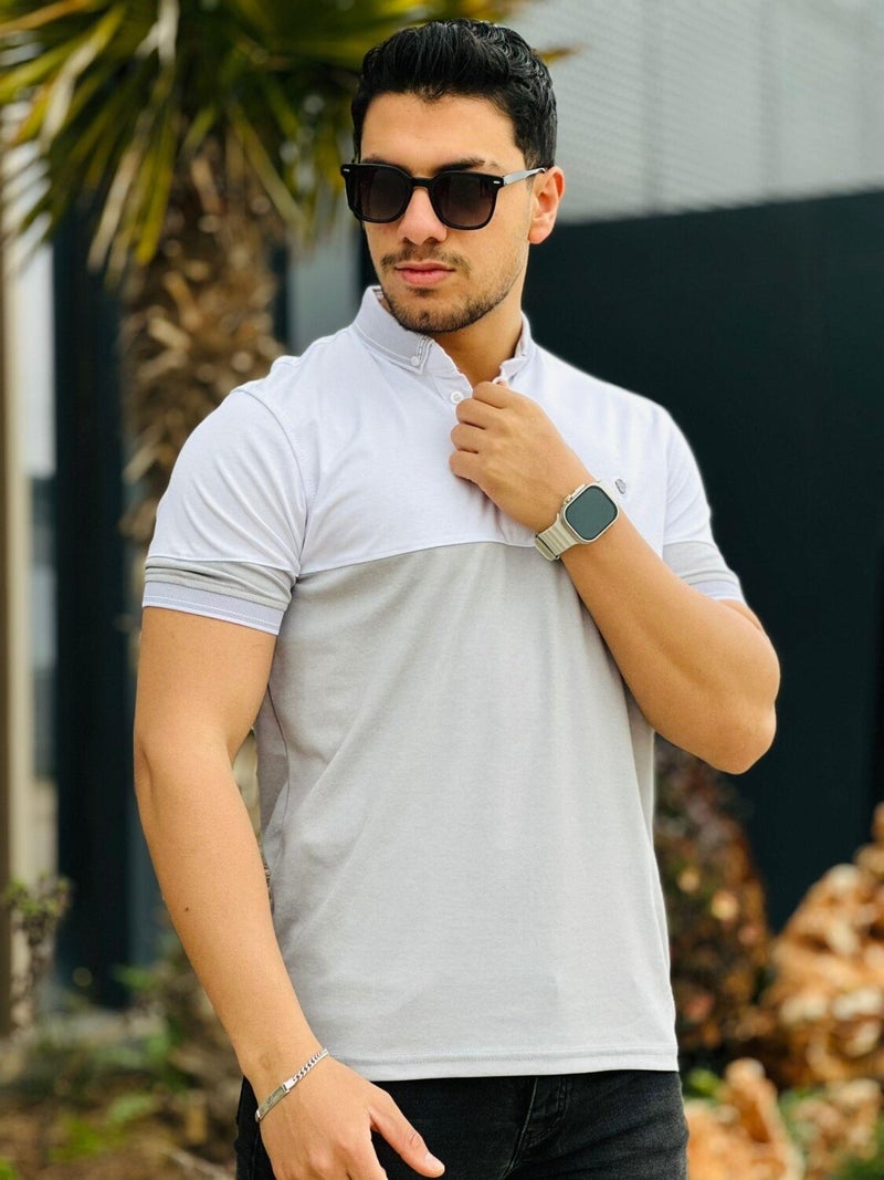 White Gray Kagi Stone Piece Polo Neck Short Sleeve T-Shirt